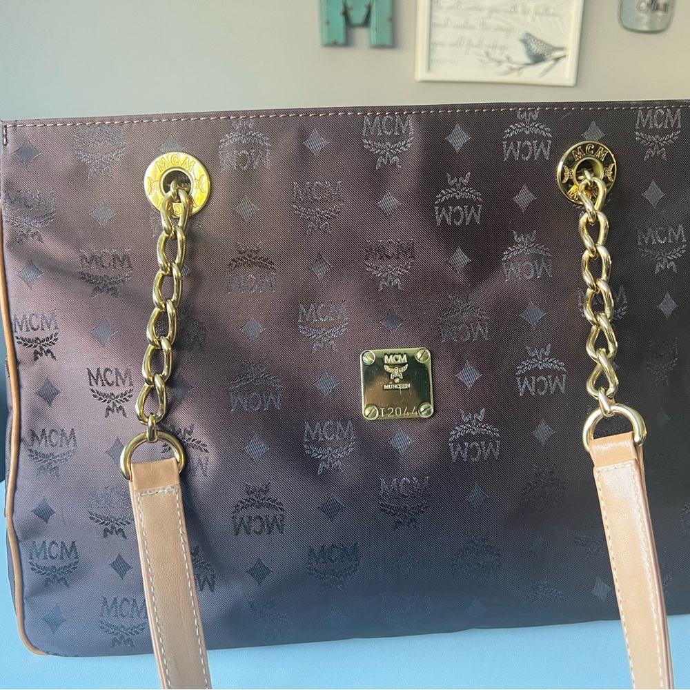 MCM Brown Monogram Tote with Gold Chain and Tan Leather Straps - Picture 2 of 15